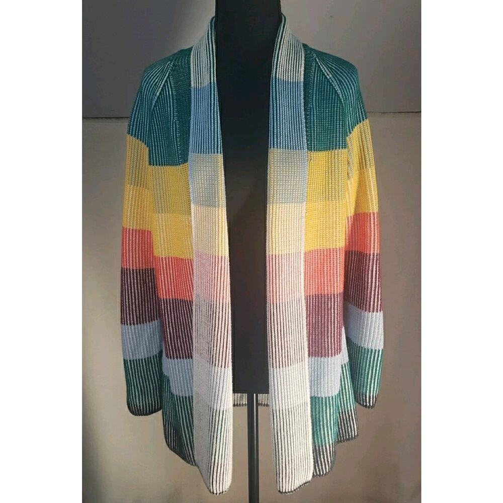 Lands End Womens Small Drifter Open Front Cardigan Sweater Colorblock Striped